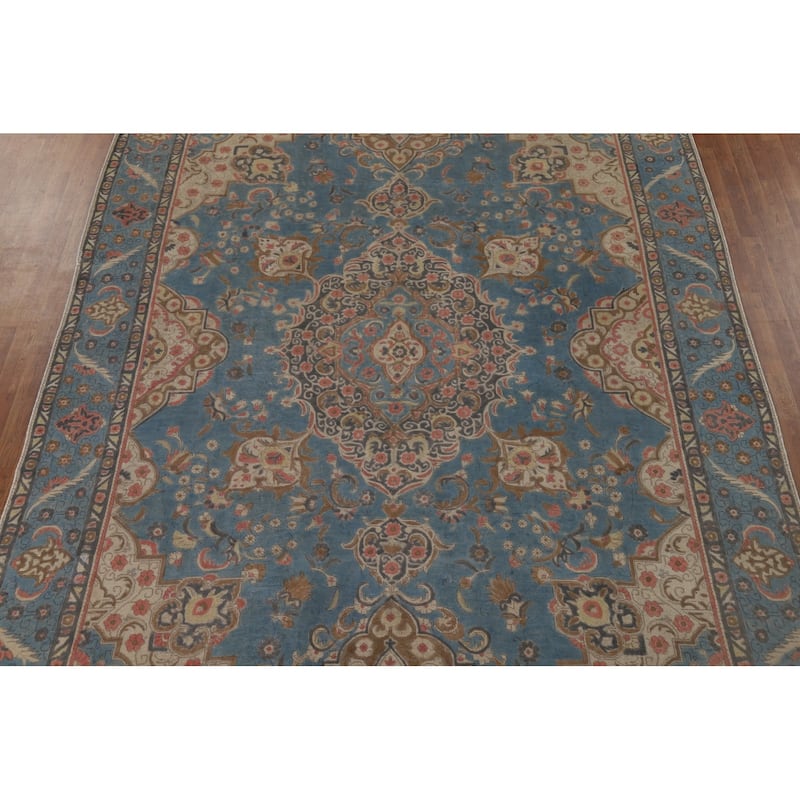 Distressed Blue Tabriz Persian Antique Area Rug Handmade Wool Carpet - 9'3" x 12'8"