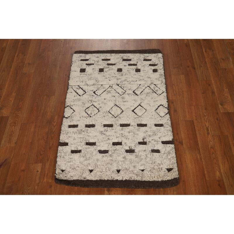 Ivory Moroccan Oriental Foyer Rug Handmade Wool Carpet - 2'0"x 3'0"