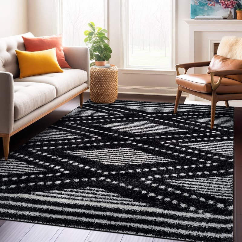 Geometric Shag Area Rug - Durable for Living Room, Bedroom - Polyester with Jute Backing - Anthracite Dark Gray and White - 5' x 7'