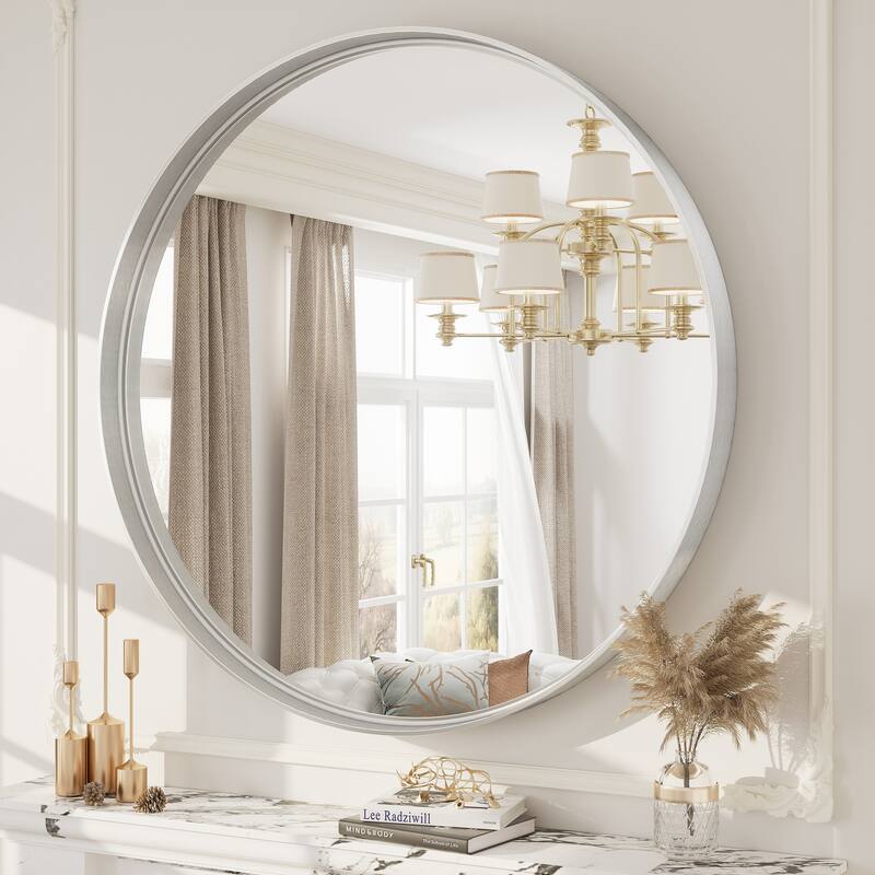 Round Tempered Glass and Metal Framed French Cleat Mounted Wall Bathroom / Vanity Mirror - 40" x 40" - Silver