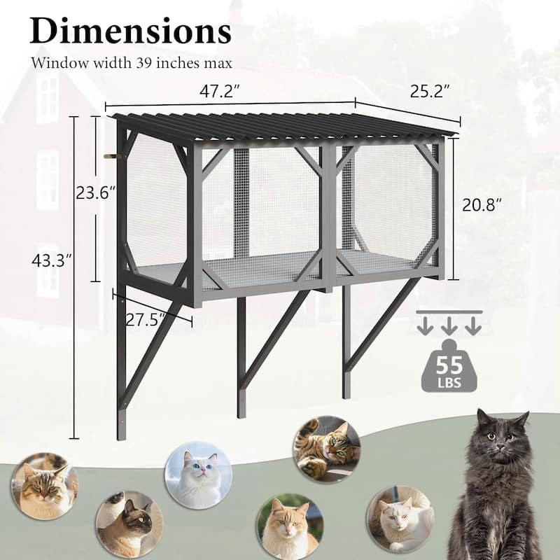 BOSSIN 47.2" All-Weather Window Cat Enclosure- Outdoor Window Perch for Large Cats, Sunbathing & Observation Platform