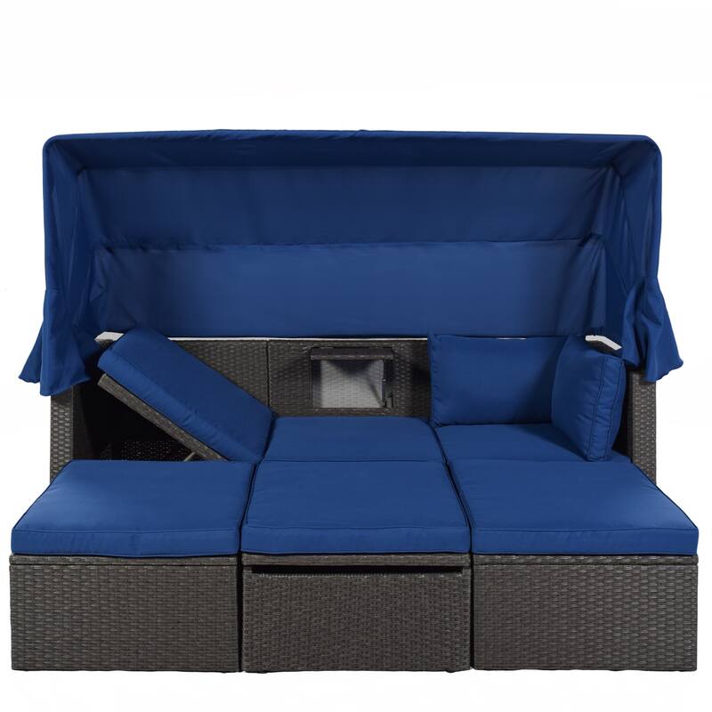 Patio Daybed wRetractable Canopy Bed Sectional Seating Set w2 Ottomans