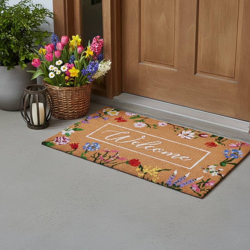 HomeRoots 24" X 36" Brown White And Green Floral Welcome Outdoor Coir Door Mat - 24.00' X '36.00 - 24.00' X '36.00
