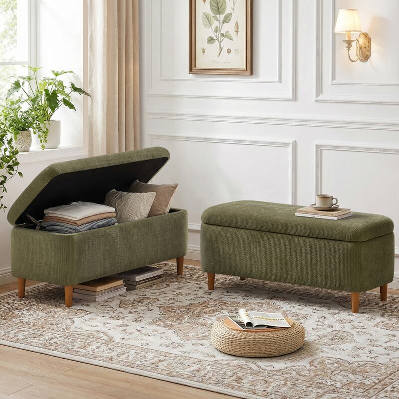 39in Soft Chenille Fabric Storage Ottoman Bench for Bedroom / Entryway Bed Foot / Living Room，Upholstered Entryway Bench