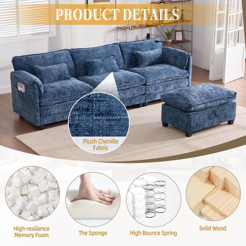 Modern Chenille Chaise Couch L-shaped Sectional Sofa with Storage Ottoman, Phone Holder, USB/Type-C Ports and Side Pockets