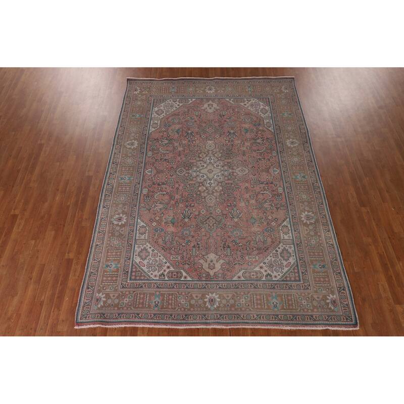 Pink Geometric Tabriz Persian Vintage Area Rug Handmade Wool Carpet - 7'10" x 11'0"