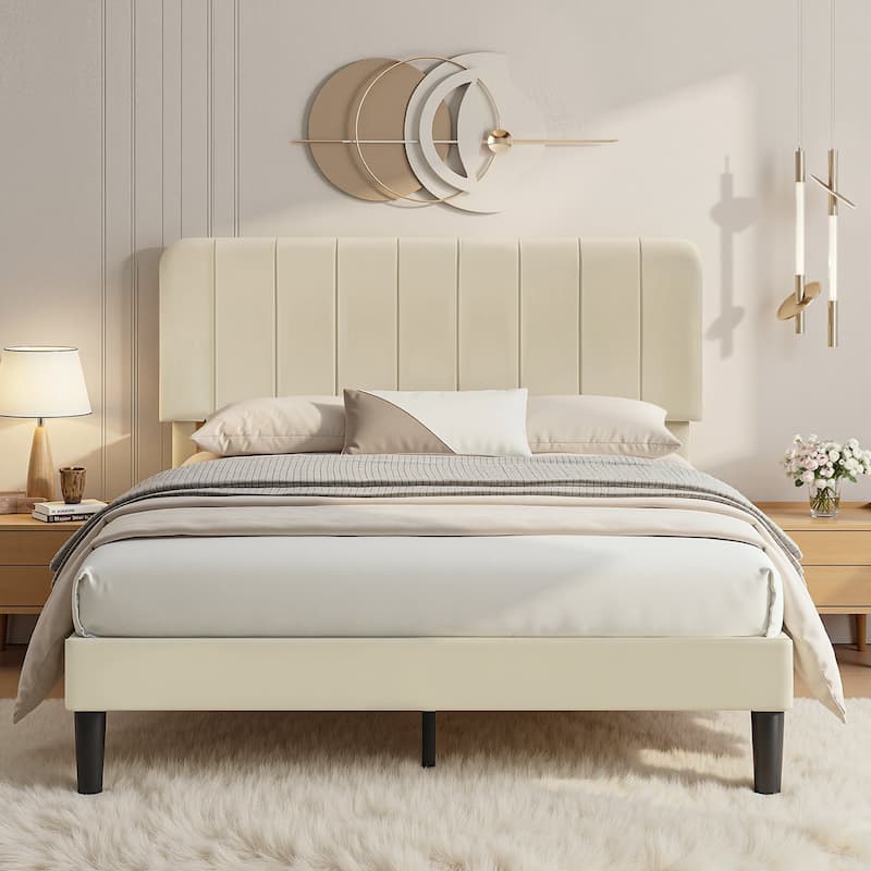 VECELO Modern Upholstered Platform Bed Frame with Adjustable Velvet Headboard Under-Bed Space for Storage No Box Spring Needed - Beige - Full