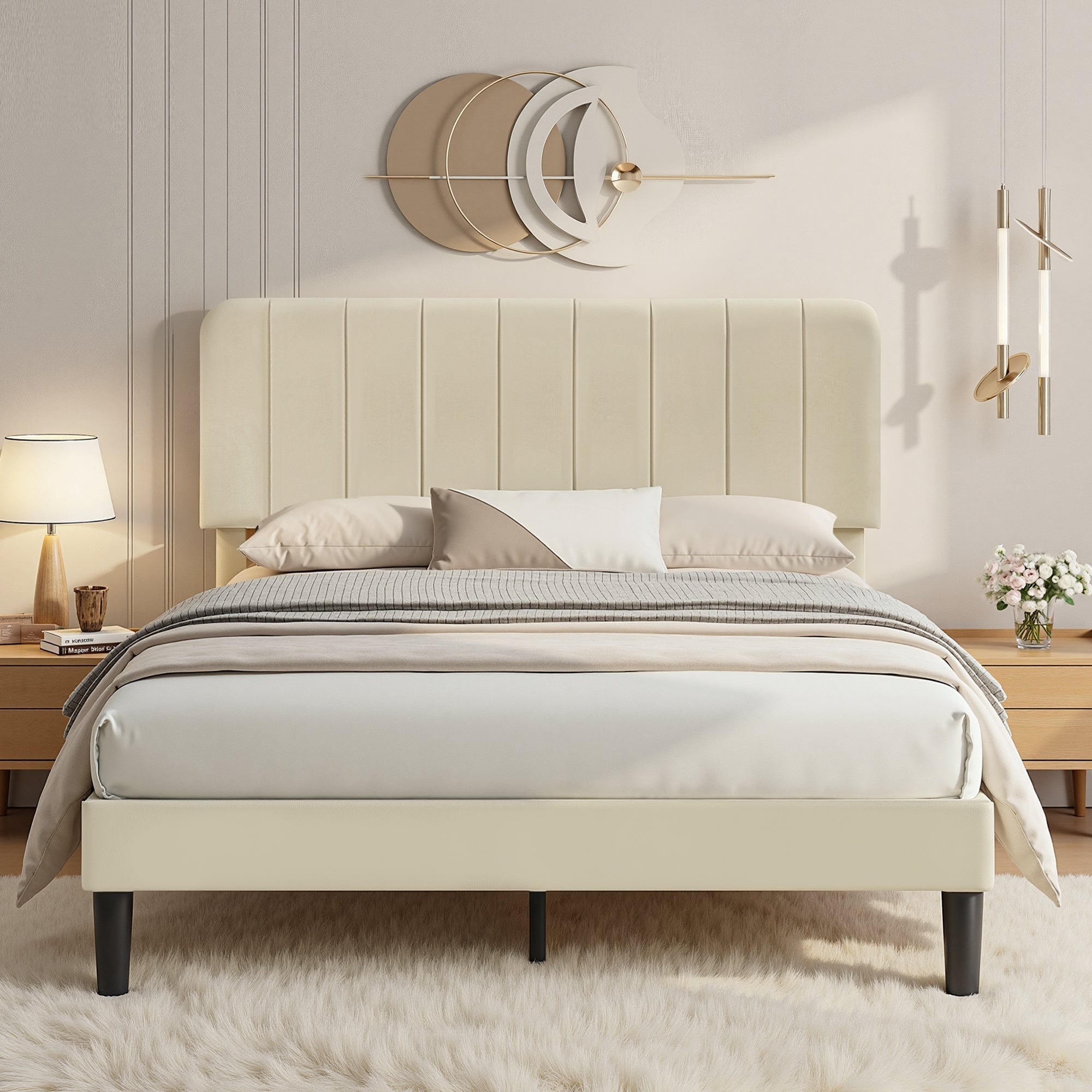 VECELO Modern Upholstered Platform Bed Frame with Adjustable Velvet Headboard Under-Bed Space for Storage No Box Spring Needed