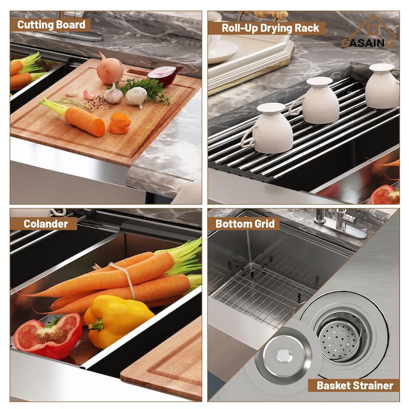 Farmhouse/Apron-Front Single Bowl 18 Gauge Brushed Stainless Steel Workstation Kitchen Sink with Accessories
