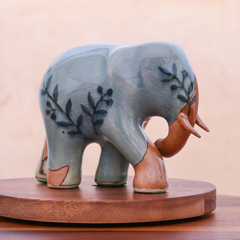 Novica Handmade Jungle Leaves Celadon Ceramic Sculpture