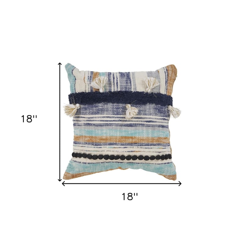 HomeRoots 18" X 18" Blue and Beige Patchwork Cotton Zippered Pillow With Tassels