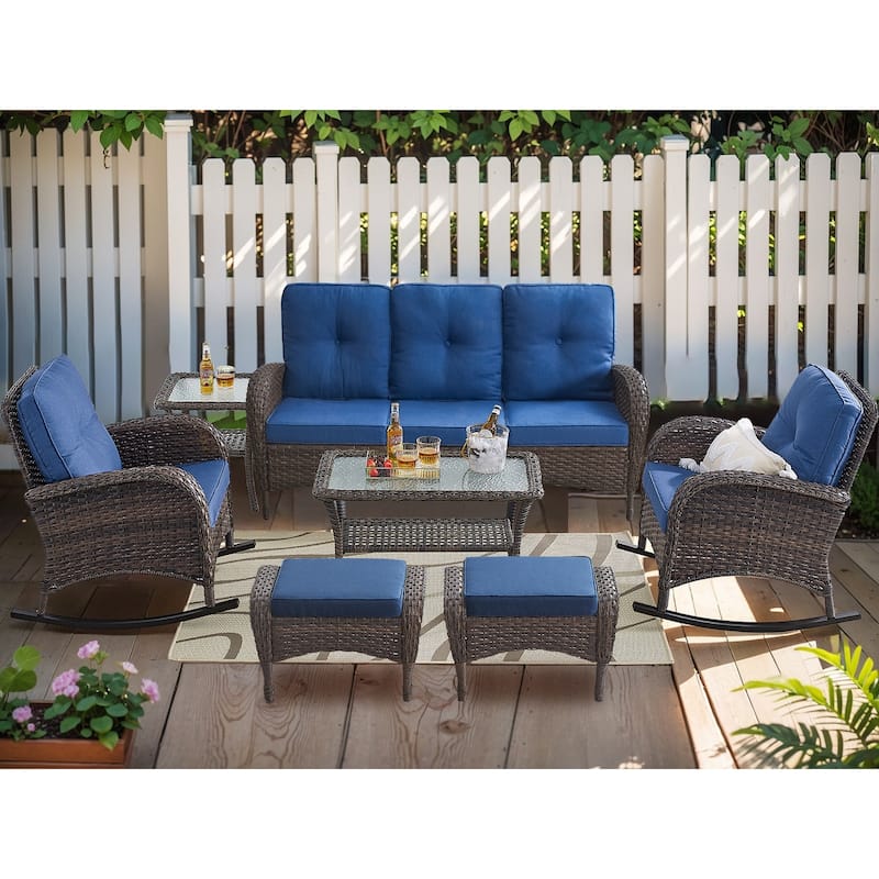 Outdoor Sofa with Rocking Chair Ottomans and Coffee Table - Brown - Blue - Brown