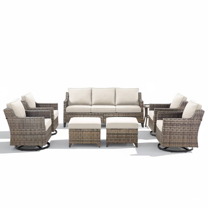 Glissia 8-Piece Gray Wicker Patio Seating Collection with Swivel Gliders and Ottomans