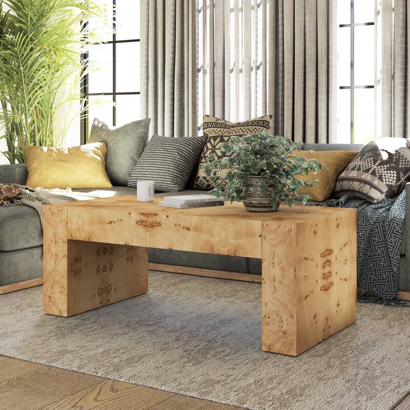 COZAYH Rustic Wood Coffee Table with Burl Finish, Farmhouse Style Center Table with Chunky Block-Legs, Lounge, Rectangular - Natural