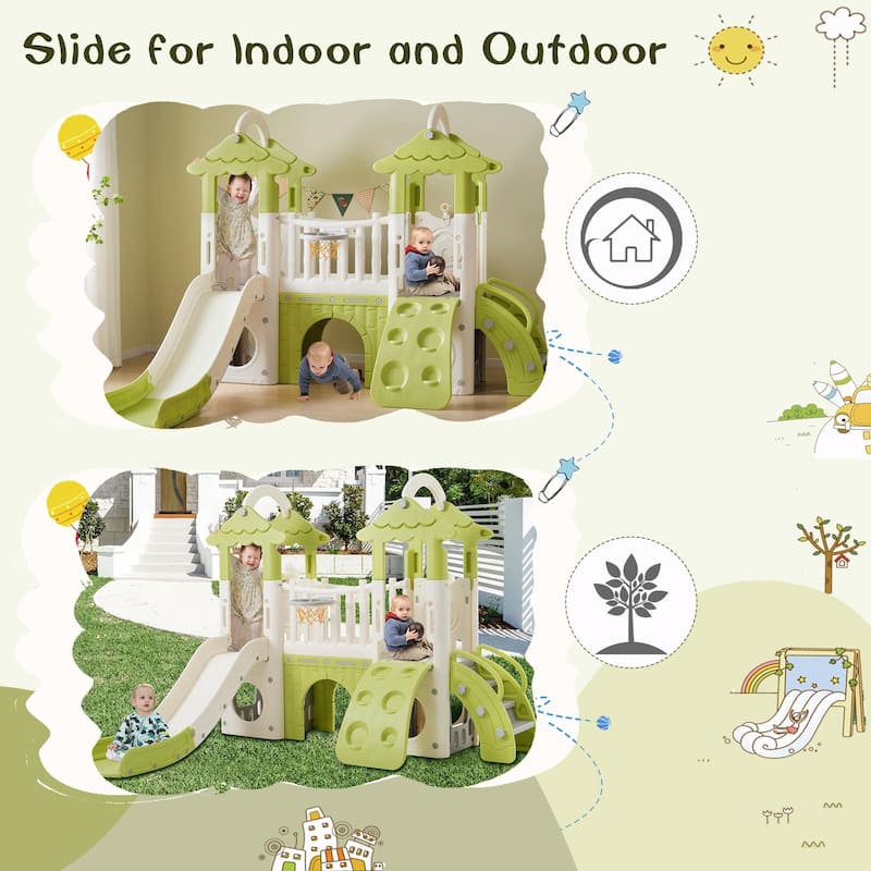 8-in-1 Toddler Climber and Slide Set - Freestanding Kids Slide Playset with Basketball Hoop and More