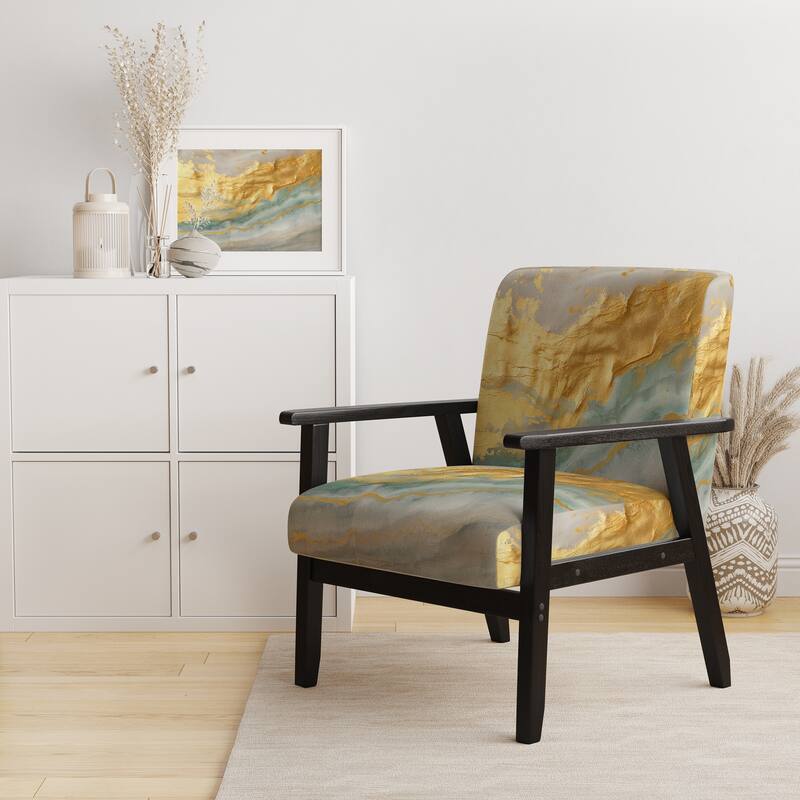 Designart "Coast Blue Sea Waves Watercolour" Upholstered Abstract Accent Chair - Modern Arm Chair For Bedroom - Arm Chair - Black Wood - Gold