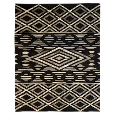 Traditional Black Hand-Knotted Wool Area Rug