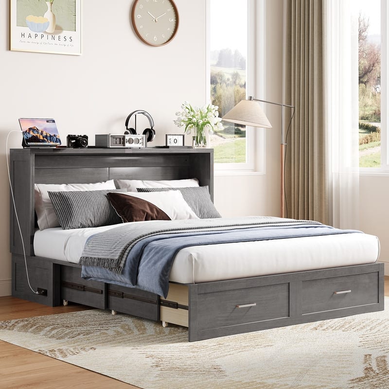 Mixoy Queen Modern Murphy Bed Chest with Mattress,Storage Drawer,Charging Station