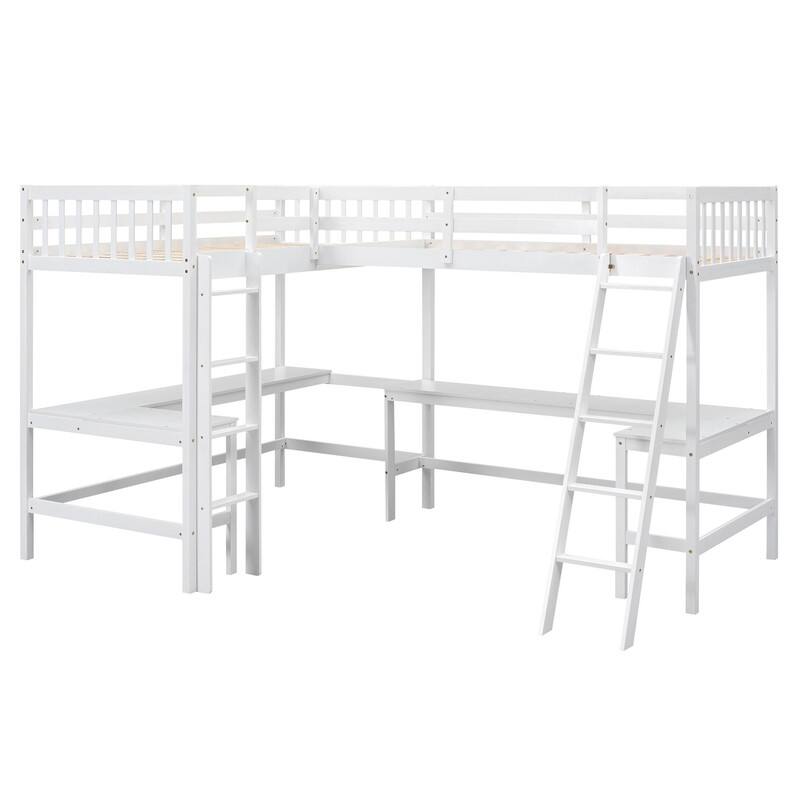 Wood Twin Size L-Shaped Loft Bed with Ladder and 2 Built-in L-Shaped Desks
