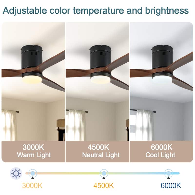 52 Inch Ceiling Fan with Light, 3 Dark Walnut Solid Wood Blades,Remote Control,6-speed Reversible DC Motor - Black + Dark Walnut