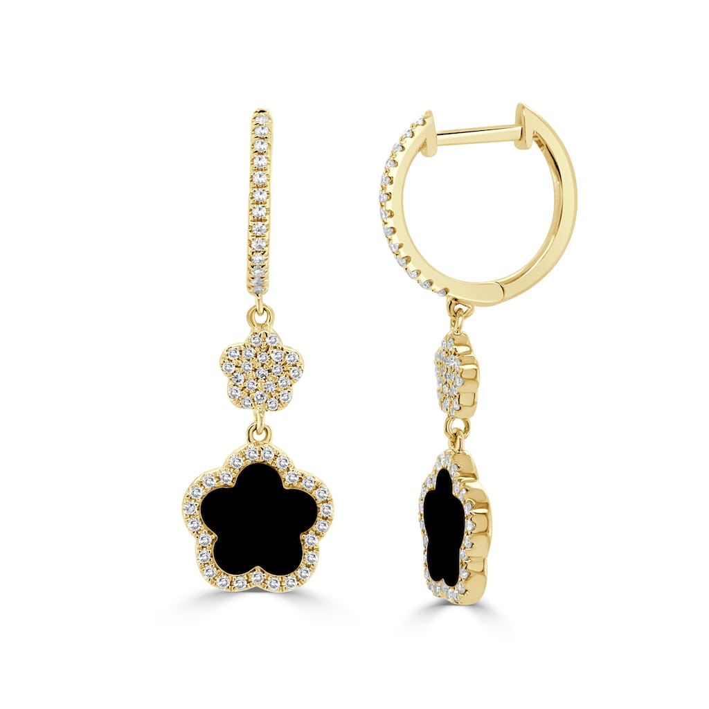 Joelle Collection 14K Yellow Gold Diamond & Onyx Clover Earrings