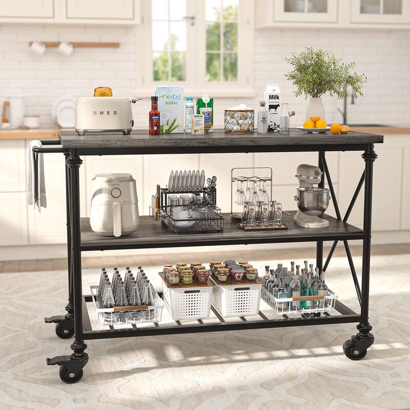 Rolling Kitchen Island Cart with Thick Wooden Top and Storage Shelves - N/A