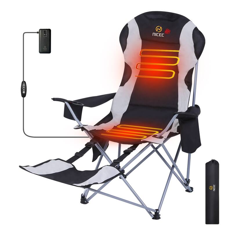 Heated Camping Chair with Detachable Footrest, Outdoor Folding Beach Chair with Carry Bag, Cupholder & Side Pockets - 1-Pack