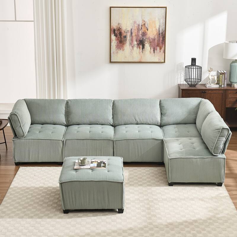 Ergonomic Lounge Modular Couch Corduroy Sectional Sofa with Deep Seat Ottoman Chaise and High-Rebound Thick Cushions