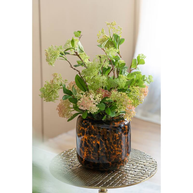Brown and Amber Glass Vase with Cheetah Motif, Short, 7.9x7.9"