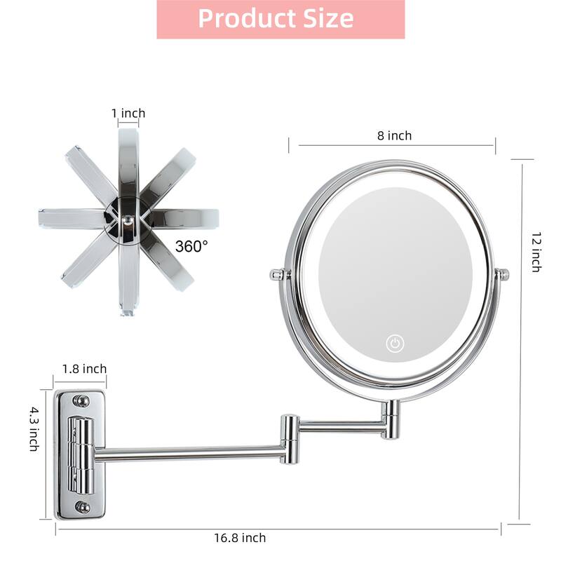Wall Mounted Makeup Mirror Lighted 10X Magnifying 8" 3 Color Mode