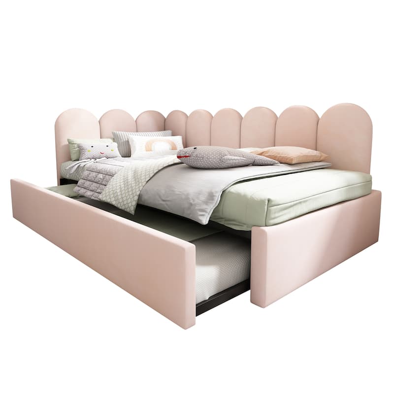 Twin Size Upholstered Daybed with Pull-Out Bed, Velvet Pink Sofa Bed for Adults and Kids, Metal Slatted Frame