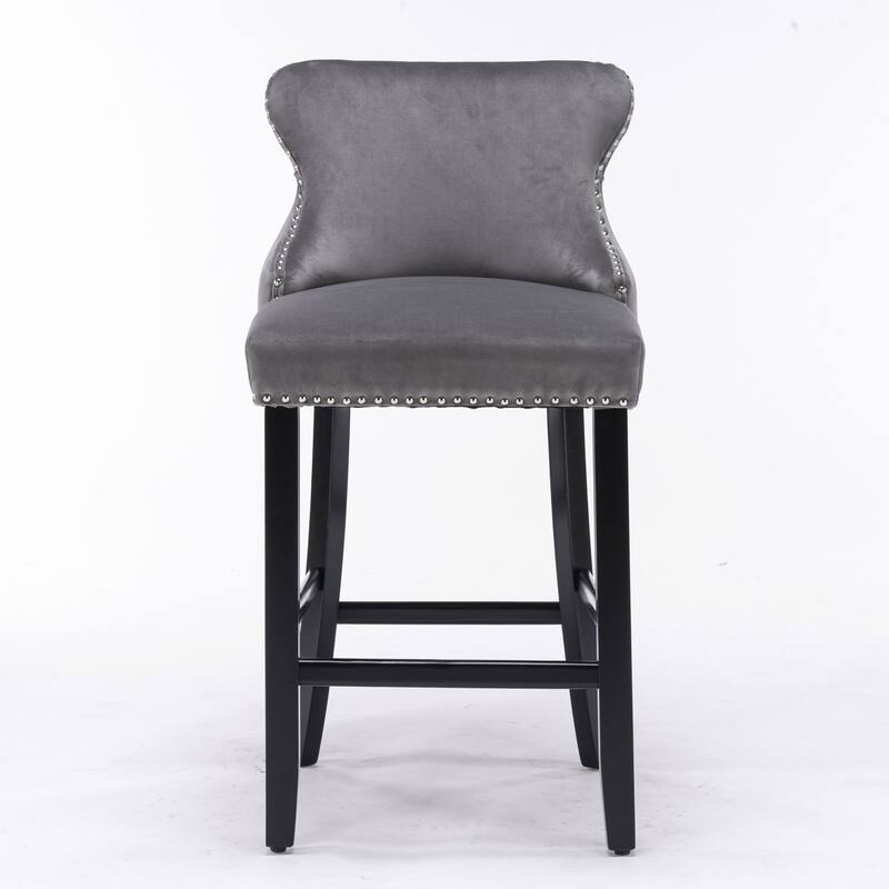 Furniture Gray Velvet Wingback Bar Stools Set of 2, Button Tufted with Wood Legs & Chrome Nailhead Trim