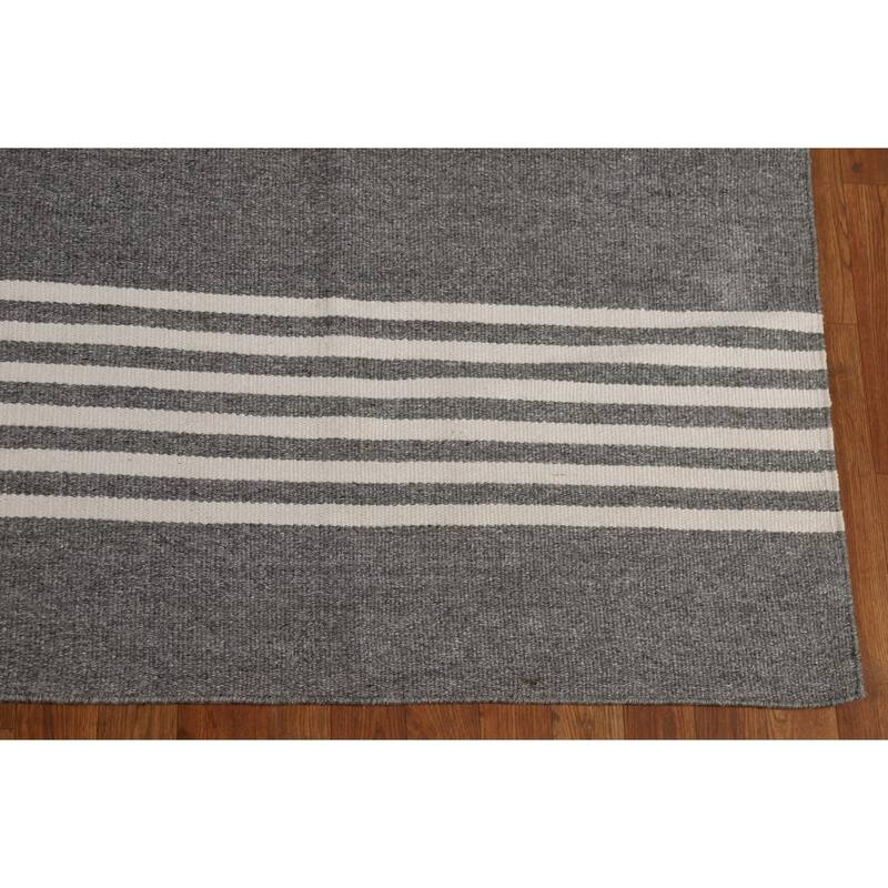 Striped Gray Kilim Durrie Oriental Area Rug Cotton Carpet - 8'3" x 11'7"