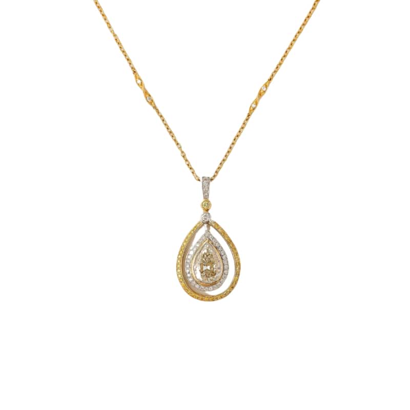 Kobelli 2.45 Carat Natural Fancy Yellow Diamond GIA Certified 18k Solid Two-Tone Gold Orbit Halo Pear Circuit Necklace - White