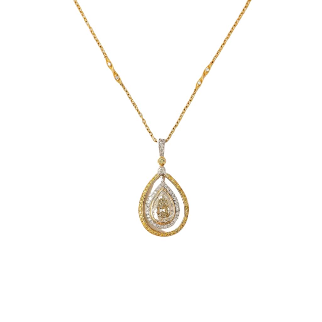 Kobelli 2.45 Carat Natural Fancy Yellow Diamond GIA Certified 18k Solid Two-Tone Gold Orbit Halo Pear Circuit Necklace - White