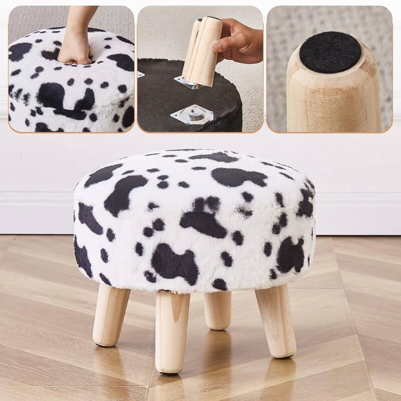 Plush Faux Fleece Round Ottoman Footstool with Wooden Legs and Cozy Seat for Living Room