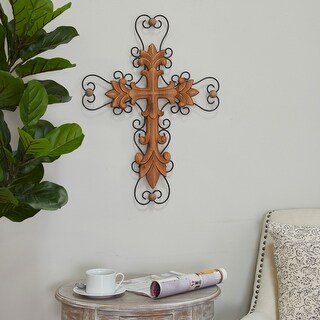 Wood Carved Cross Biblical Wall Decor with Metal Scrollwork - Brown or ...
