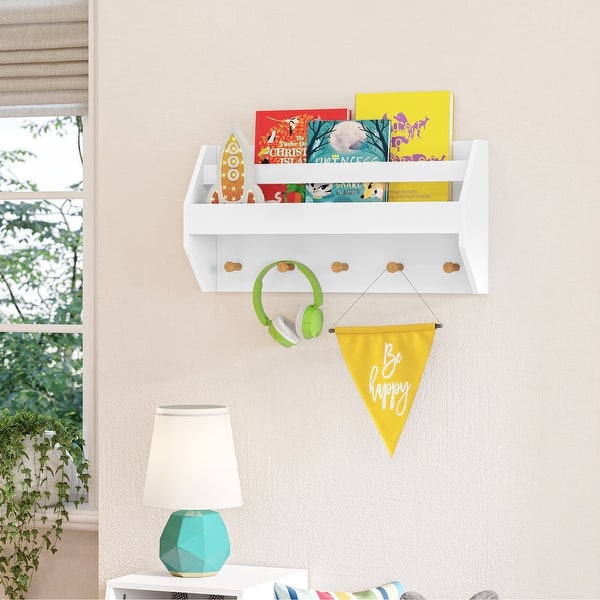 slide 2 of 9, RiverRidge Kids Catch-All Wall Shelf with Bookrack and Hooks for Books and Bags - White with Pine Wood Accents