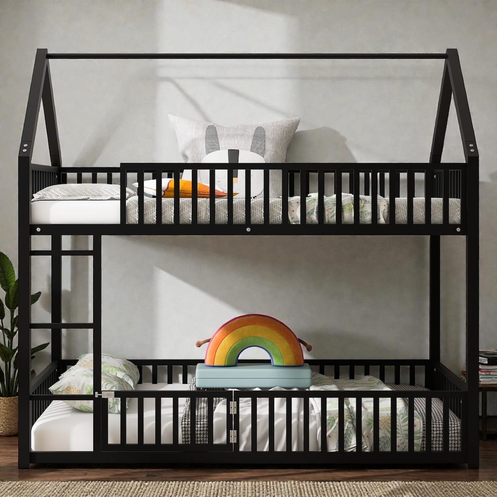 Metal Twin over Twin House Bunk Bed with Fence Guardrails and Door, Kids Playhouse Bunk Bed Frame, No Box Spring Needed