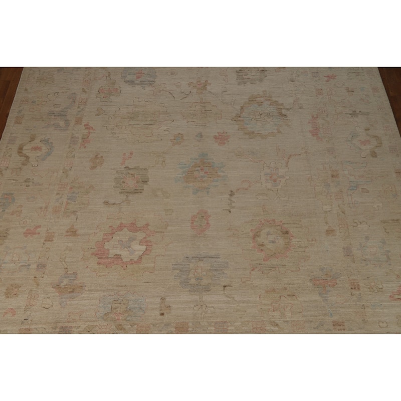 Hand Knotted Oriental 100% Wool Carpet Transitional All-Over Beige & Ivories Oushak Area Rug - 11' 10'' X 8' 11''