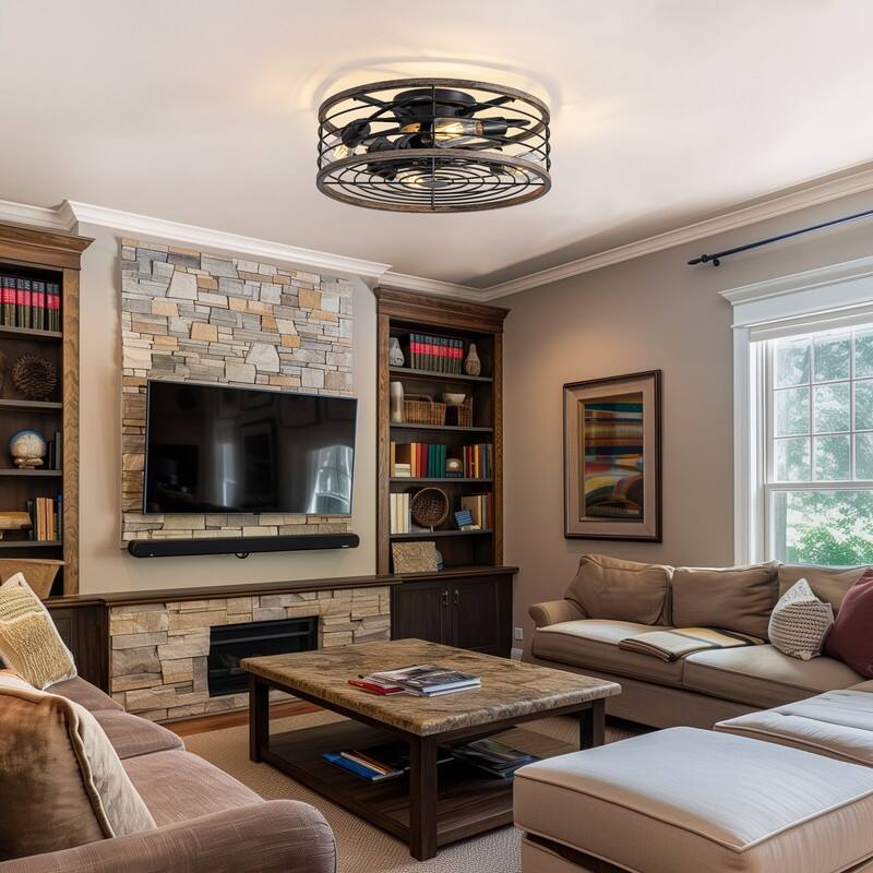 20 in. Wood Finish Ceiling Fan with Light Low Profile Farmhouse Indoor Ceiling Fans Caged Ceiling Fan Light for Bedroom - N/A