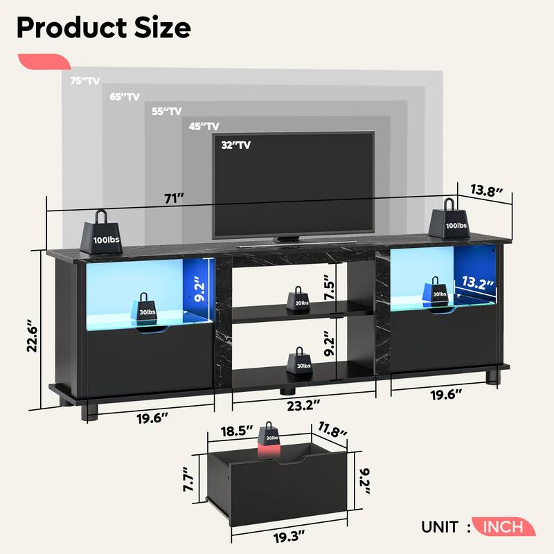 70'' Gaming TV Stand with Storage, LED Media Console - 70.87"W×13.78"D×23.03"H