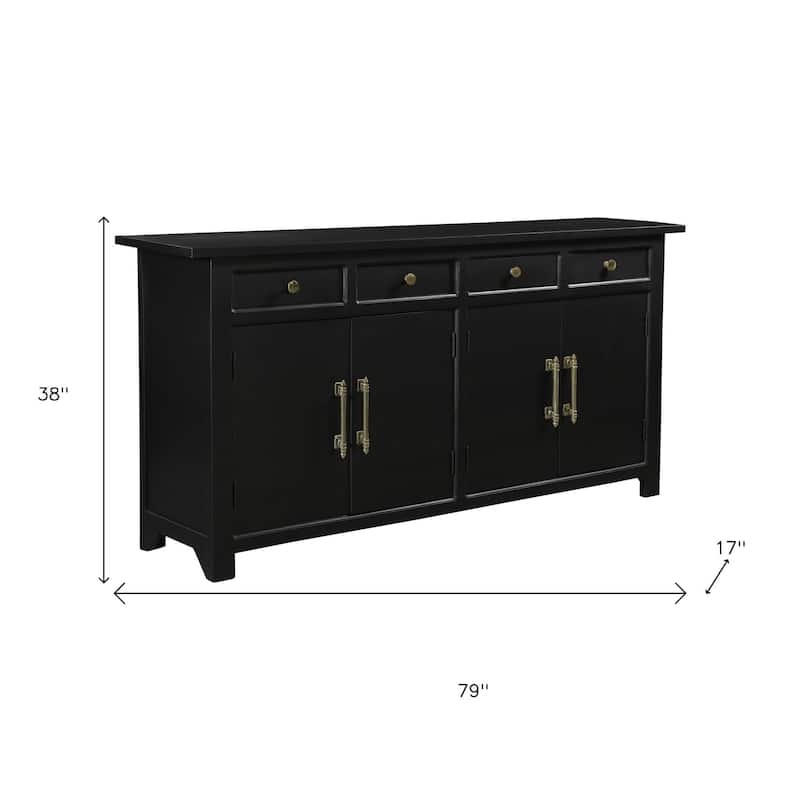 HomeRoots 79" Black Solid Wood Four Drawer Sideboard with Four Doors - 79.00 in. x 38.00 in. x 17.00 in.