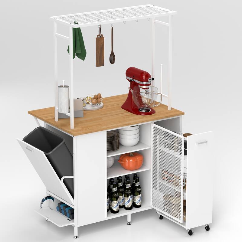 Rolling Kitchen Island Large Storage Cabinet with Folding Flip-Up Panel, Metal Coffee Bar Table Organizer Workstation w/ Drawers - White
