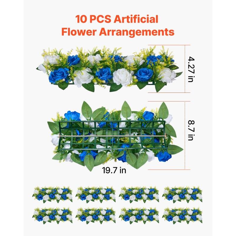 Blue-White Silk Rose Linear Centerpieces Set of 10 with Stable Base - 19.7 x 8.7 x 4.27 inch
