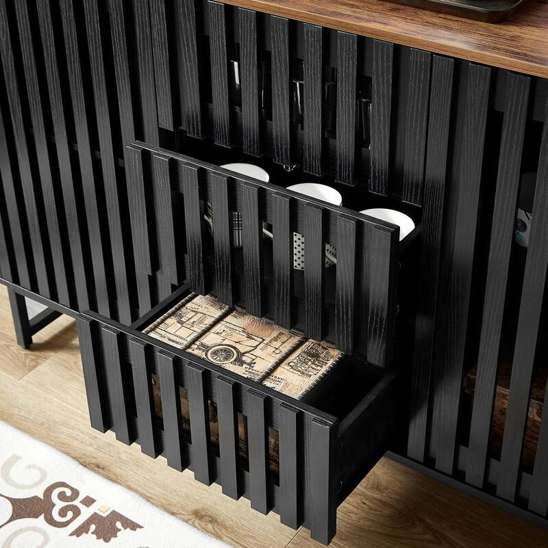 Modern Style Dressing with Grille Stripe Door 3 Drawers and 4 Shelves, for Living Room, Dining Room Office