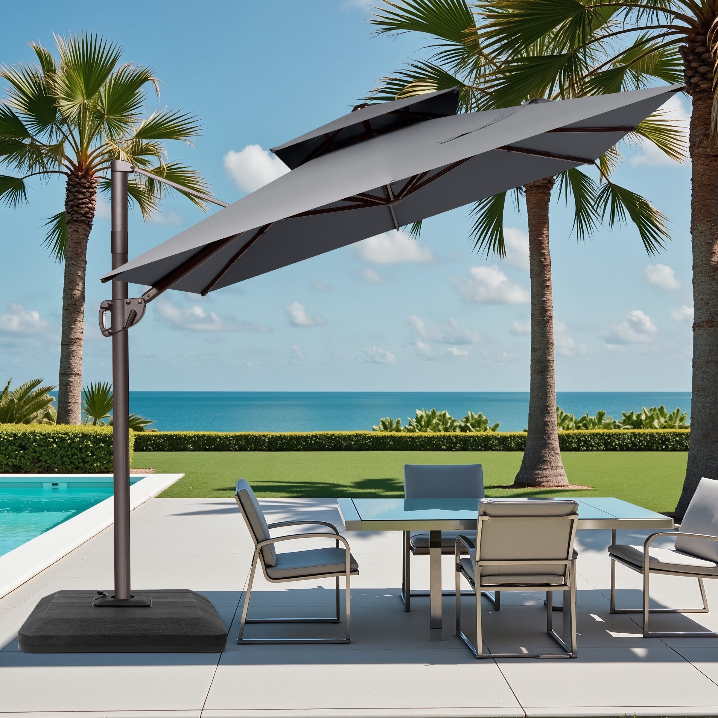 VredHom 9x11 FT Rectangular Aluminum Outdoor Patio Double Top Cantilever Umbrella with Weight Base