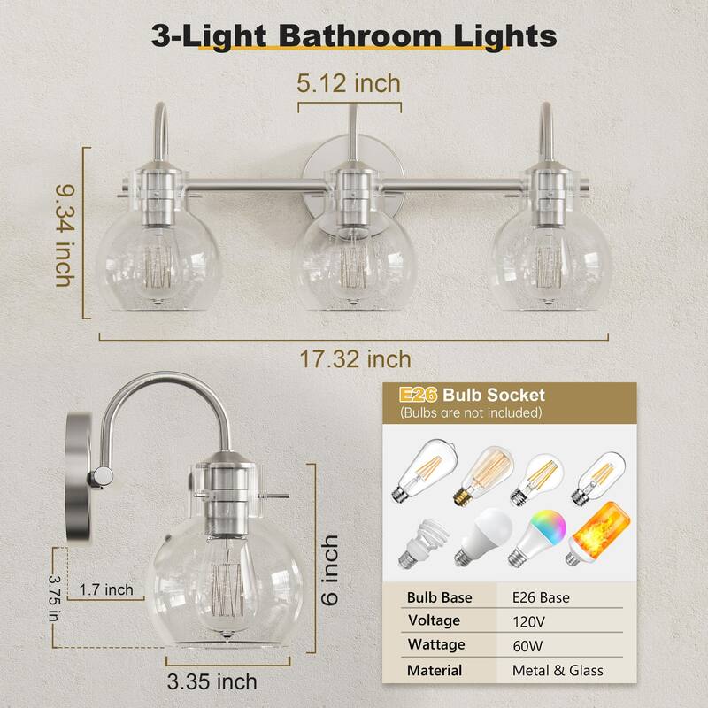Modern 2/3/4 Bathroom Vanity Lights Clear Globe Glass Shade