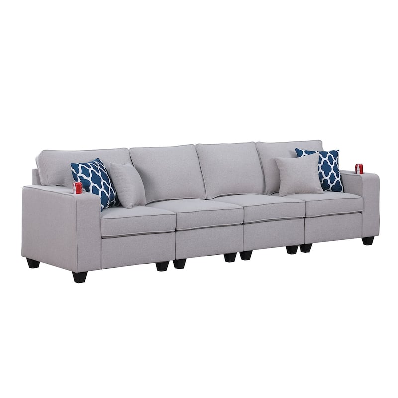 Linen Upholstered 4-Seater Sofa in Light Gray - Light Gray/Brown