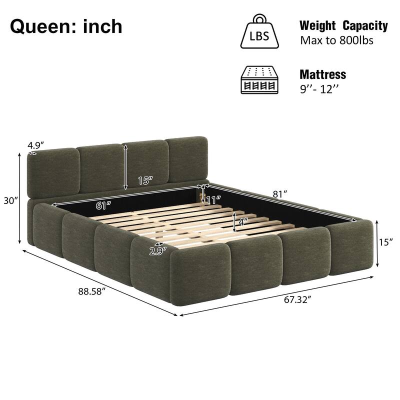 Floor Grounded Bed Block-shape Boucle Upholstered Bed Low Profile Wingback Platform Bed with Thick Headboard and Footboard